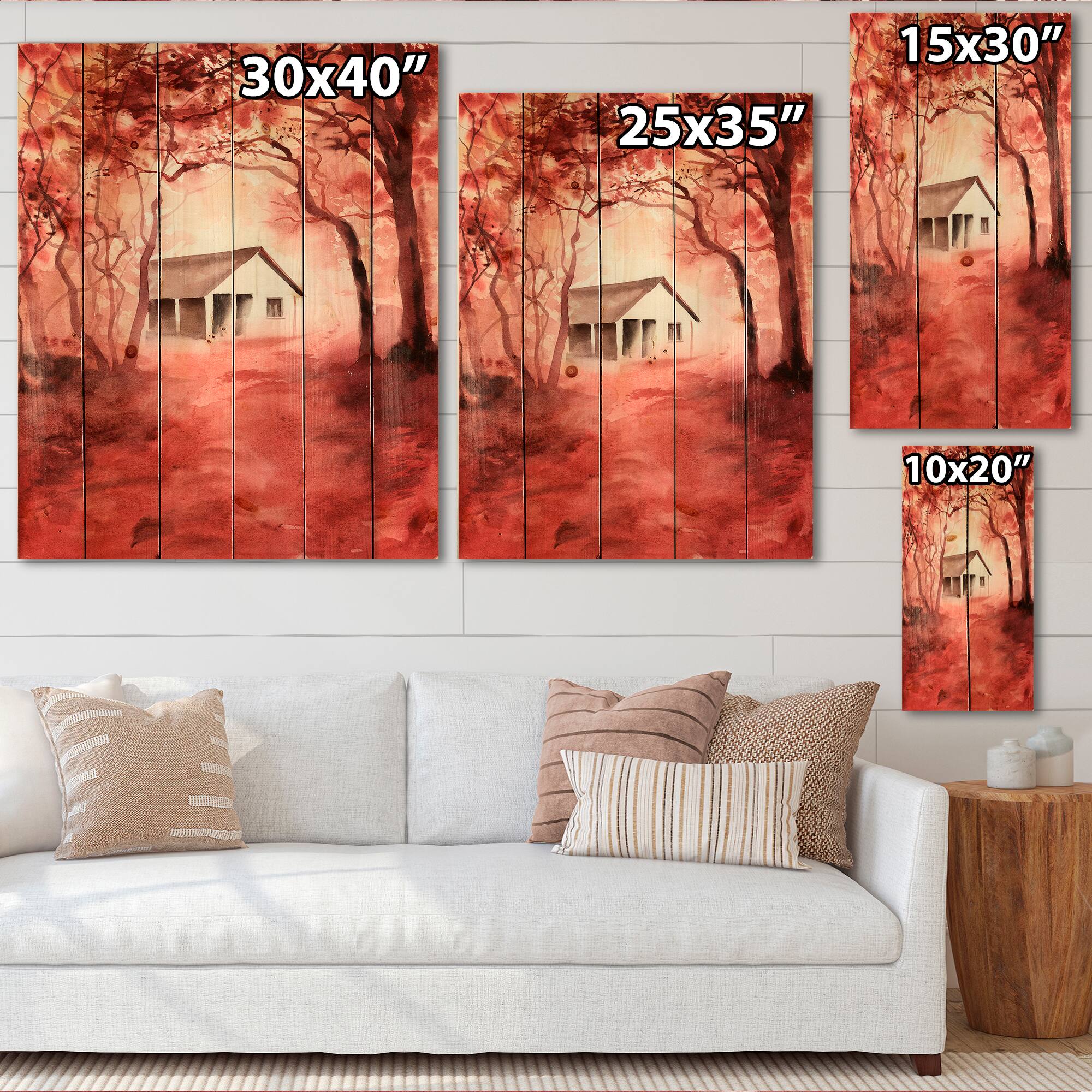 Designart - House In Red Autumn Woods - Cabin & Lodge Print on Natural Pine Wood